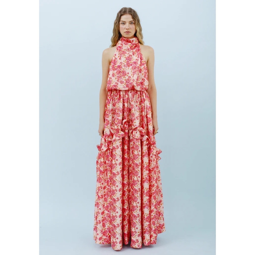 Isla & White Elizabeth 100% Silk Floral Tiered Halter Maxi Dress Romance NWT